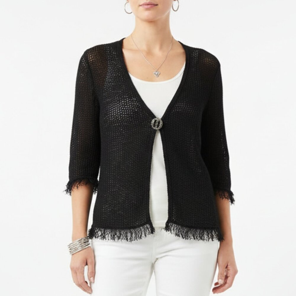 Chico’s Black Crochet Linen Blend Long Sleeve Woven Cardigan Fringe Sweater 1 M